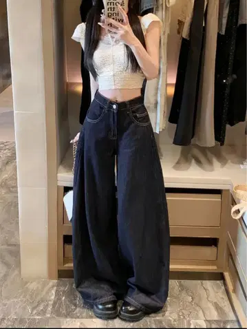 다크 데님 와이드 레그 팬츠