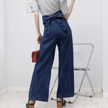 백 리본 하이웨스트 데님 와이드 팬츠