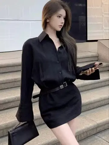 블랙 셔츠 드레스 긴팔 벨트 포함