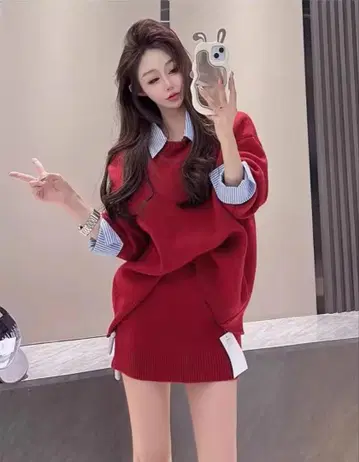 레드 오버 사이즈 니트 긴팔 셋업