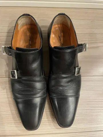 Santoni 블랙 더블 몽크 스트랩 가죽 밑창 사이즈 6