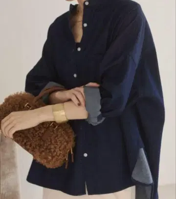 ANGIE 오버 사이즈 밴드 카라 데님 셔츠