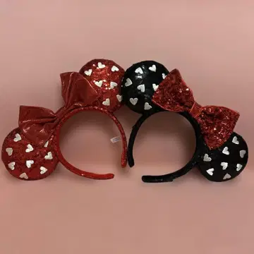 도쿄 디즈니 리조트 미니 마우스 스팽글 머리띠 하트 자수 블랙 레드