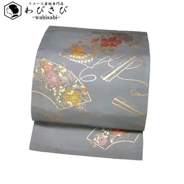 나고야 오비 지카미에 꽃무늬 금채 석색 O-5500