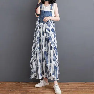 데님 패치워크 플라워 프린트 서스펜더 드레스 파랑 스트라이프