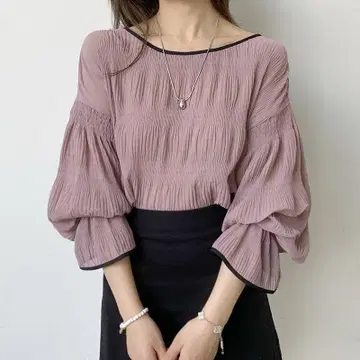 미사용 루즈 플리츠 가공 플레어 슬리브 쉬폰 블라우스 라벤더 핑크