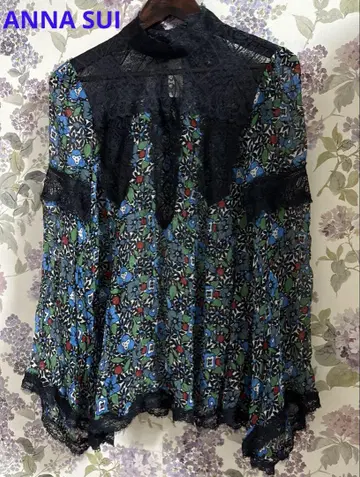 ANNA SUI 꽃무늬 레이스 하이넥 튜닉 파랑 그린 빨간색
