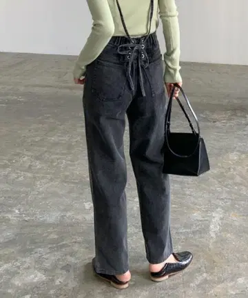 서스펜더 데님 레이스업 팬츠 lumier 데님 팬츠 블랙