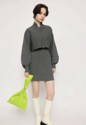 SLY 2피스 미니 원피스 하프 지퍼 하이넥 스탠드넥 반팔 세트 니트