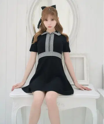 미셸 마카롱 깅엄 체크 플레어 니트 원피스