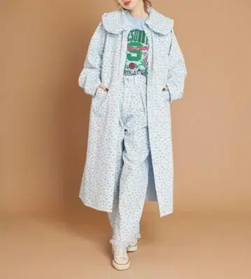 리틀써니바이트 플라워 프린트 롱 데님 자켓 블루 M