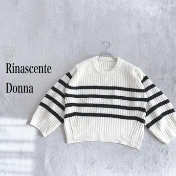 Rinascente 보더 베이지 x 그레이 긴팔 스웨터 소매 밑단 넓어짐