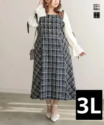 clette 소매 리본 체크 무늬 트위드 원피스 3L
