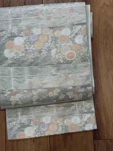 여름용? 후쿠로 오비 꽃무늬 그레이 오렌지 은 미도리