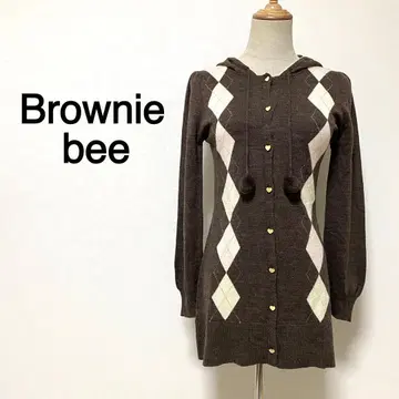 Brownie bee 아가일 체크 하트 버튼 후드 부착 가디건