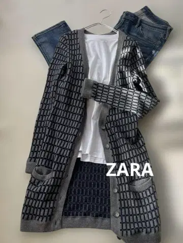 자라 ZARA 격자 무늬 롱 니트 가디건 포켓 포함