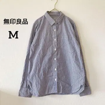 새상품급 무인양품 긴팔 셔츠 스트라이프 M 네이비 코튼 100% 5853