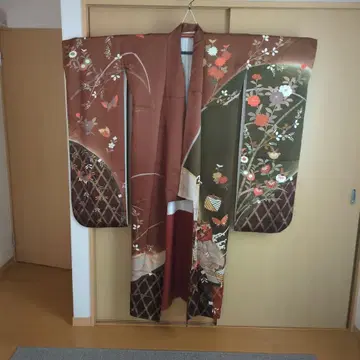 후리소데 홍차 브라운 나비 꽃 심플 브라운 성인식