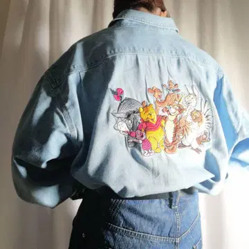 디즈니 Disney 자수 데님 셔츠 푸우와 친구들 vintage