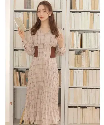 펄 단추 백 레이스업 코르셋 라이크 체크 플리츠 원피스