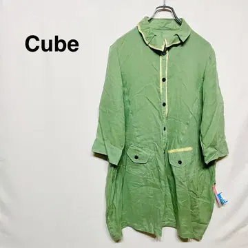 큐브 그린 셔츠 원피스 앞 버튼 7부 소매 포켓 롱 기장 M