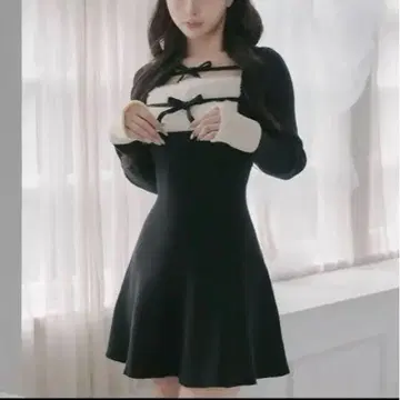 darich 리본 퍼 플레어 니트 미니 원피스