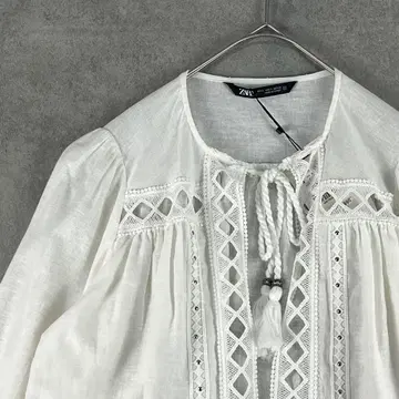 [택 포함] ZARA 자라 (S) 레이스 가디건 긴팔 코튼 린넨 화이트