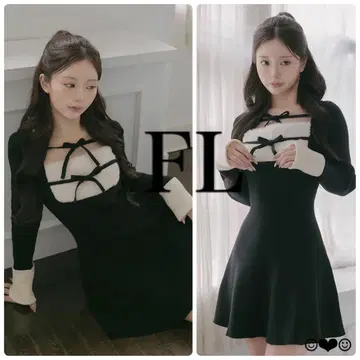 Darich 리본 퍼 플레어 니트 미니 원피스 블랙 FL