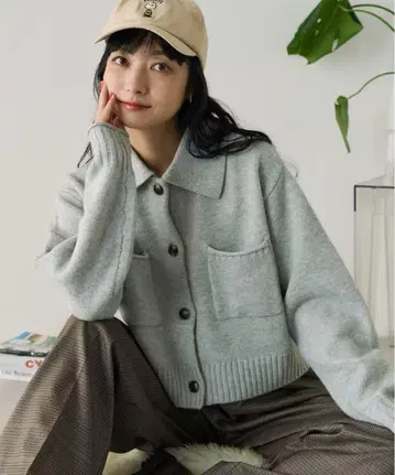 프릭스스토어 카라 부착 포켓 숏 니트 가디건