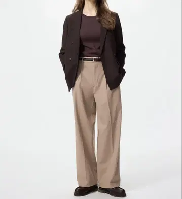 유니클로 턱 와이드 팬츠 베이지 S