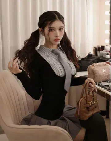 darich 셔츠 도킹 니트 미니 원피스 블랙