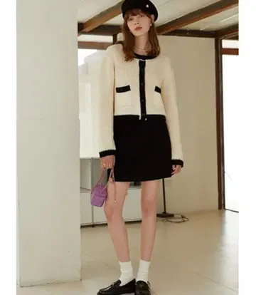 아이보리/블랙 뜨개질 가디건