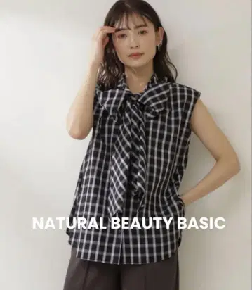 NATURAL BEAUTY BASIC 블라우스 리본 보타이 체크 S