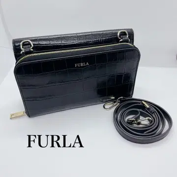 [ 새상품급 ] FURLA 크로커다일 패턴 가죽 숄더백 겸 지갑 블랙