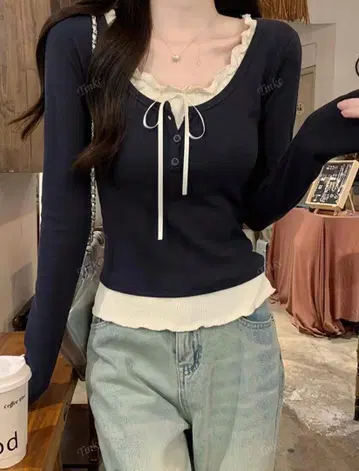 네이비 프릴 긴팔 상의