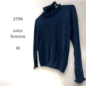 axes femme 네이비 리브 니트 긴팔 장미 장식 프릴 귀여운 M