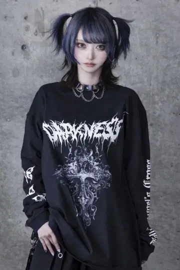 DARKNESS 크로스 프린트 롱 T셔츠