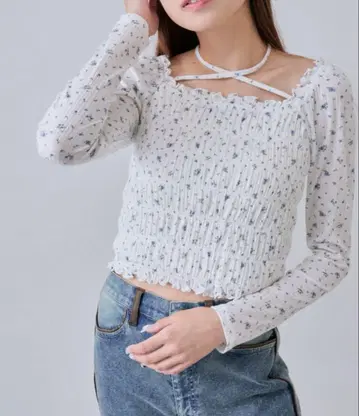 플라워 프린트 스모킹 긴팔 상의