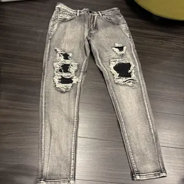 데미지 가공 슬림핏 데님 팬츠 그레이 drip UK 스트릿