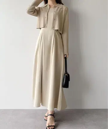 mipiarl 숏 폴로 가디건 + 슬리브리스 플레어 원피스 set