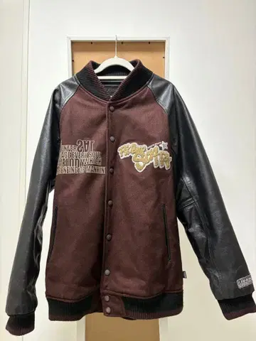 울 소매 가죽 바시티 자켓 리버서블 퀼팅