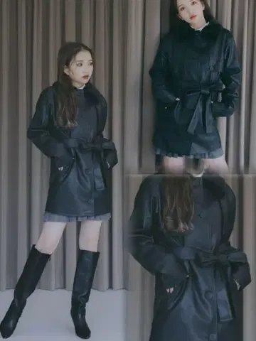 블랙 가죽 숏코트 후드 부착