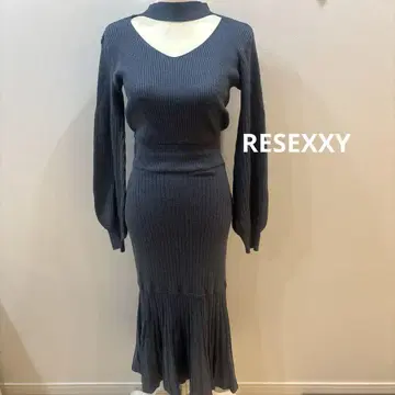 RESEXXY 리젝시 리본 초커 머메이드 니트 원피스 블루