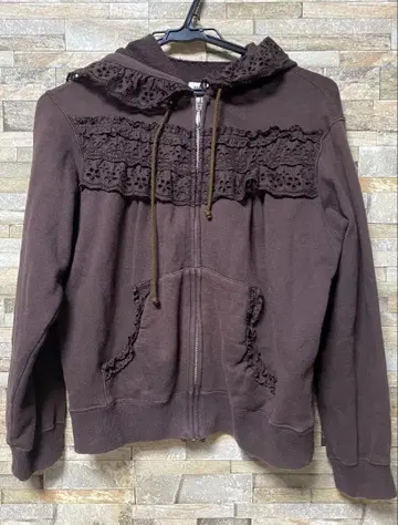 핑크하우스 레이스 장식 브라운 후드티