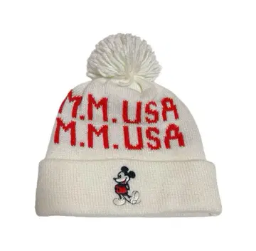 빈티지 레트로 디즈니 미키 니트 모자 폼폼 화이트 크로스 로드