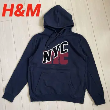 H&M NYC 로고 자수 네이비 후드티 남성용 여성용 후디 L