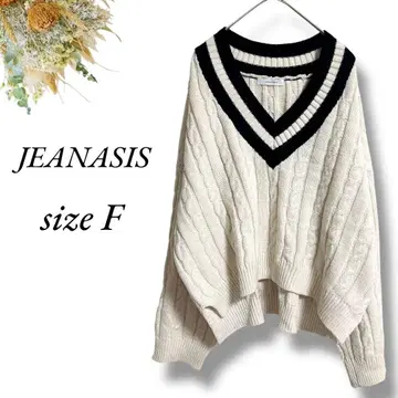 JEANASIS V넥 니트 프리 케이블 짜임 아이보리 4204