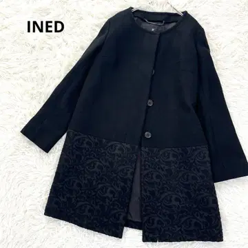 이네드 울 고급 노카라 코트 자카드 무늬 절개 히요쿠 버튼 미들 블랙