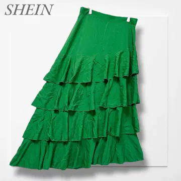 SHEIN 티어드 롱 스커트(L) 그린 비대칭 프릴 댄스 의상