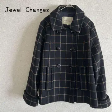 Jewel Changes 더블 버튼 코트 체크 무늬 38 피코트 네이비